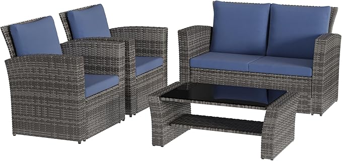 Solaste 4 Piece Outdoor Patio Furniture Set, Outdoor Sectional Sofa with Tempered Glass Coffee Table and Cushions, Wicker Rattan Patio Set for Backyard, Front Porch, Balcony, Blue - LeafyLoom