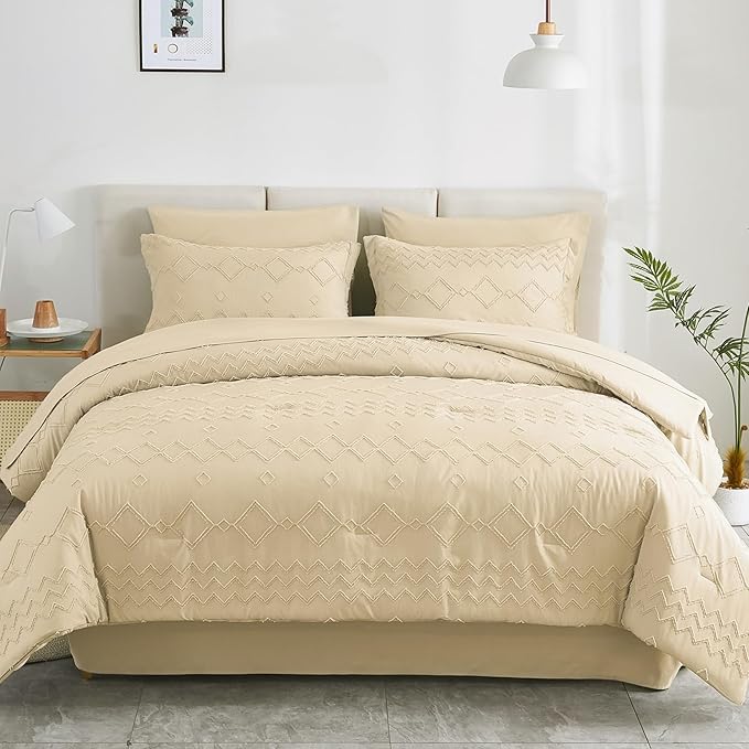 EMME Twin Comforter Set - 5 Pcs Beige Boho Bedding Sets, Tufted Comforter with Sheets, Shabby Chic Embroidery Twin Bed Set Fluffy Bed Bag for All Season(68"X90") - LeafyLoom