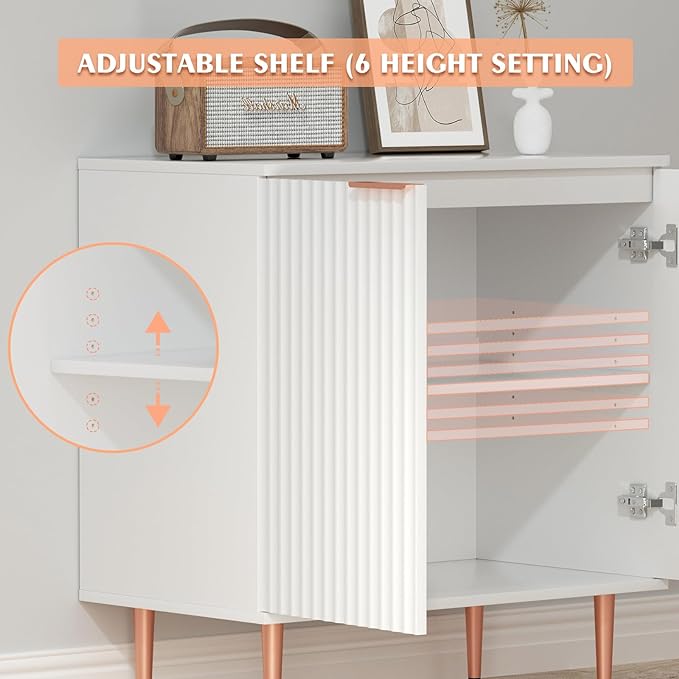 White Fluted Buffet Cabinet,Wood Sideboard Buffet Cabinet with Storage & Rose Gold Colored Metal Legs, Accent Cabinet for Living Room,Dining Room,Kitchen, Assemble Easily - LeafyLoom