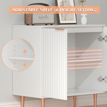 White Fluted Buffet Cabinet,Wood Sideboard Buffet Cabinet with Storage & Rose Gold Colored Metal Legs, Accent Cabinet for Living Room,Dining Room,Kitchen, Assemble Easily - LeafyLoom