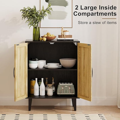 Rattan Decorated Buffet Cabinet - 2 Doors Simple Style Storage Cabinet, Shoe Cabinet with Adjustable Shelves, Sideboard for Kitchen, Living Room, Hallway, Entryway (Black) - LeafyLoom