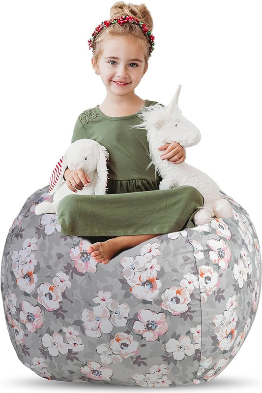 Creative QT Stuff ’n Sit Large 33’’ Bean Bag Storage Cover for Stuffed Animals & Toys – Gray Floral Print – Toddler & Kids’ Rooms Organizer – Beanbag Makes Great Plush Toy Hammock Alternative - LeafyLoom