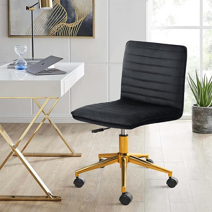 Furniliving Home Office Chair, Armless Vanity Chair with Wheels Swivel Velvet Computer Rolling Desk Chair with Back, Adjustable Accent Chair with Gold Metal Base Stool Chair,Black - LeafyLoom