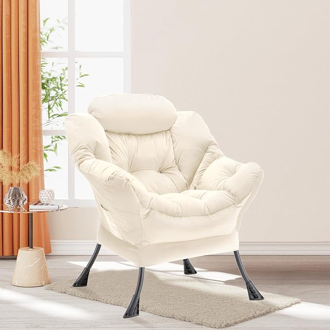 Lazy Chair Thick Padded, Accent Chair Velvet Upholstered with Wide Seat, Stable Metal Frame and Non-Slip Pad, Modern Sofa Armchair with Side Storage Bag for Dorm, Room, Office, Beige - LeafyLoom