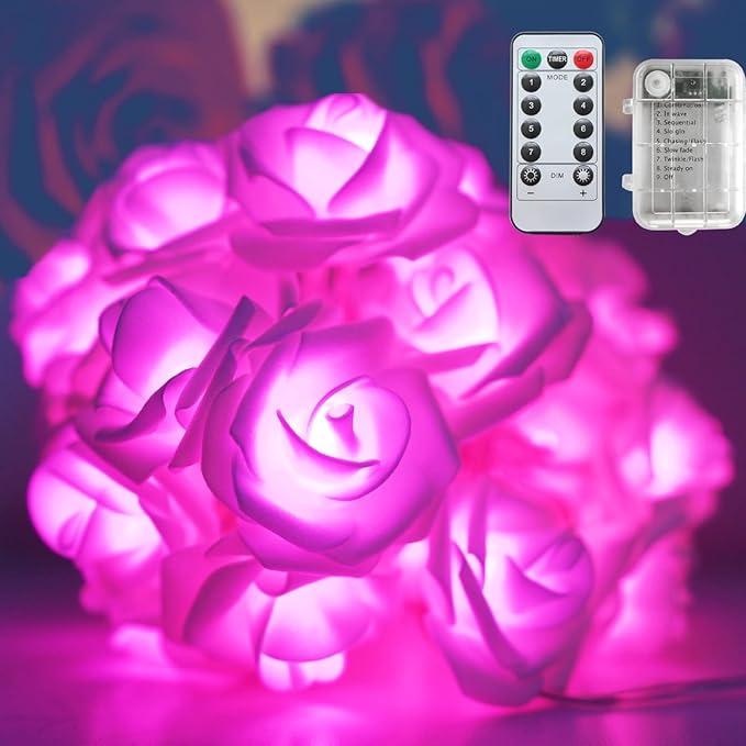 30 LED Pink Lights Valentines Day Decorations, Valentines Day Gifts 10.3Ft 8 Modes Rose Lights String Battery Operated with Remote Flower Lights for Bedroom Wedding Party Mothers Day Christmas Decor - LeafyLoom