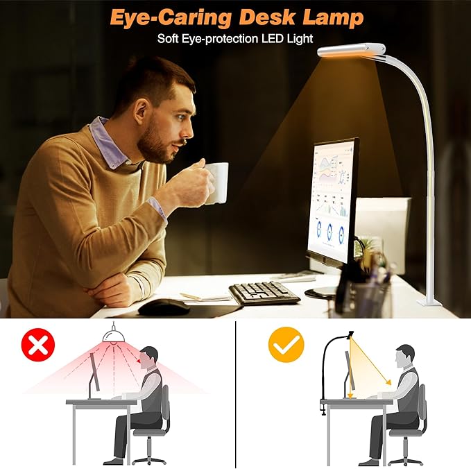 LED Desk Lamp for Office Home, Eye-Caring Desk Light with Stepless Dimming Adjustable Flexible Gooseneck, 10W USB Adapter Desk Lamp with Clamp for Reading, Study, Workbench (White) - LeafyLoom