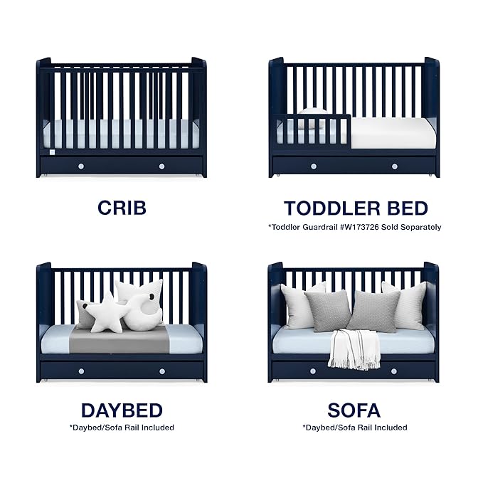 babyGap by Delta Children Graham 4-in-1 Convertible Crib with Storage Drawer TrueSleep Crib and Toddler Mattress (Bundle), Navy/Light Blue - LeafyLoom