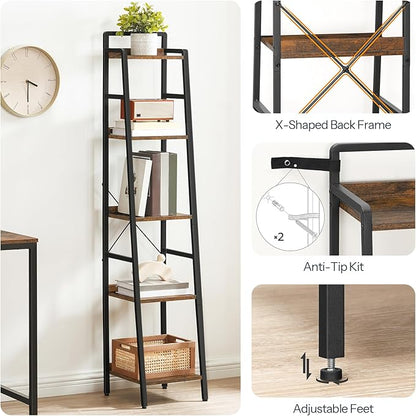 HOOBRO Bookcase, 5-Tier Narrow Bookshelf, Industrial Ladder Shelf, Skinny Bookshelf for Small Spaces, Corner Storage Shelf for Home Office, Living Room, Rustic Brown and Black BF35SJ01 - LeafyLoom