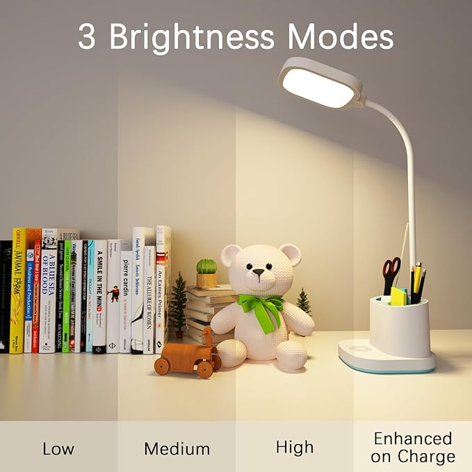 Desk Lamp College Dorm Room Essentials for Girls Guys, 3 Color Reading Lamp with USB Charging Port, Pen Holder, LED Desk Light for Home Office, Rechargeable Battery Cordless, Flexible Gooseneck, White - LeafyLoom