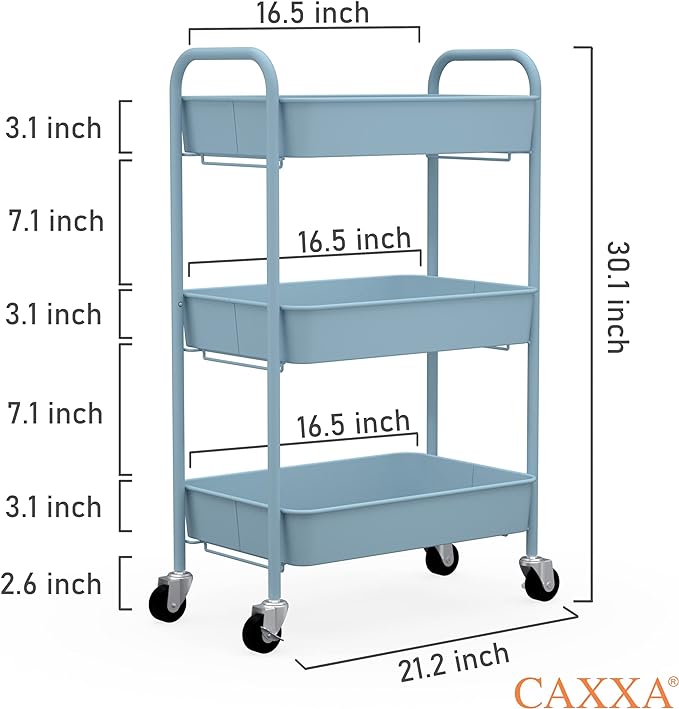 CAXXA 3-Tier Rolling Metal Storage Organizer - Mobile Utility Cart with Caster Wheels, Blue - LeafyLoom