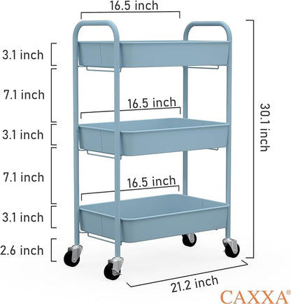 CAXXA 3-Tier Rolling Metal Storage Organizer - Mobile Utility Cart with Caster Wheels, Blue - LeafyLoom