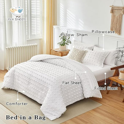 7 Pieces Tufted Dots Bed in a Bag King Comforter Set with Sheets White , Soft and Embroidery Shabby Chic Boho Comforters, Solid Color with Pom Pom Design, Jacquard Tufts Bedding Set for All Season - LeafyLoom