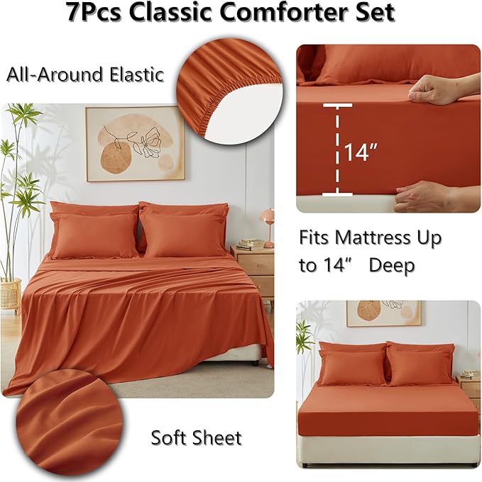 CozyLux King Comforter Set with Sheets 7 Pieces Bed in a Bag Burnt Orange All Season Bedding Sets with Comforter, Pillow Shams, Flat Sheet, Fitted Sheet and Pillowcases - LeafyLoom