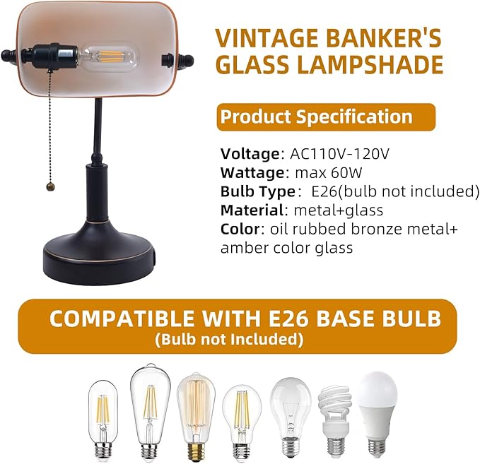 Vintage Bankers Desk Lamp with Pull Chain Switch, Traditional Desk Lamp with USB A and Type C Charging Port, Oil Rubbed Bronze Table Lamp with Amber Glass Shade for Office, Library, Study Room - LeafyLoom