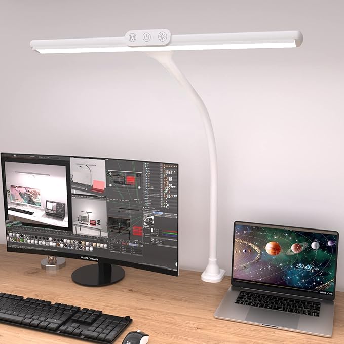 LED Desk Lamp with Clamp, Tall Desk Light with Gooseneck, Office Lighting for Desk, Task Lamp Touch Control, 9W Study Lamp for Home Office (White) - LeafyLoom