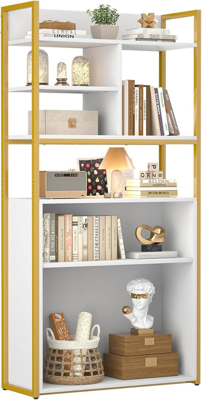 White Industrial Bookshelf, 6 Tier Tall Bookshelves Wood and Gold Metal Frame Standing Bookcase, Display Book Shelf with Adjustable Storage Shelves for Home Office, Living Room, Bed Room, White - LeafyLoom