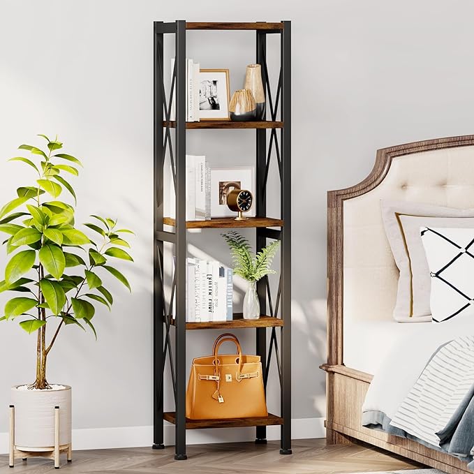 5-Tier Narrow Bookshelf, Ladder Bookshelf, Tall Bookshelf for Bedroom with Open Shelves, Office Bookshelf, Industrial Standing Bookshelf for Bedroom, Living Room and Home Office - LeafyLoom