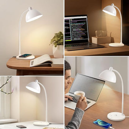 BOHON Desk Lamp, LED Desk Lamp with USB Charging Port, Wireless Charger Desk Light for Home Office, 5 Colors 6 Levels Brightness, Touch Table Lamp for Bedroom Bedside College Dorm Reading, White - LeafyLoom