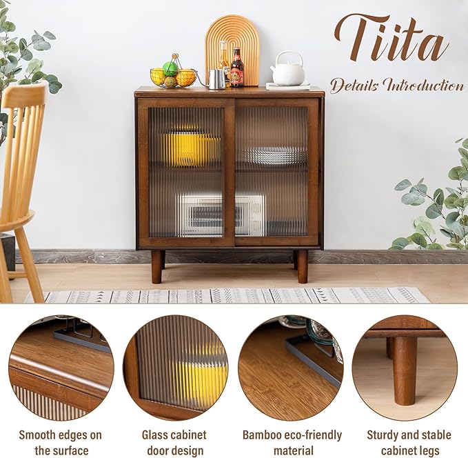 Tiita Bamboo Sideboard Buffet Cabinet, Rattan Kitchen Storage Cabinet, Boho Coffee Bar Tables for Kitchen Living Room Hallway Office, Walnut - LeafyLoom