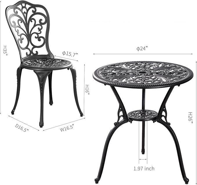 Outdoor Bistro Set 3 Piece Patio Bistro Set, Cast Aluminum Bistro Table and Chairs Set of 2, Small Patio Table Set for Porch, Black - LeafyLoom