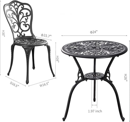 Patio Bistro Set 3 Piece Outdoor,Cast Aluminum Outdoor Bistro Table and Chair Set of 2 with 1.97" Umbrella Hole,All Weather Metal Bistro Table Set for Front Porch Set(Butterfly Black) - LeafyLoom