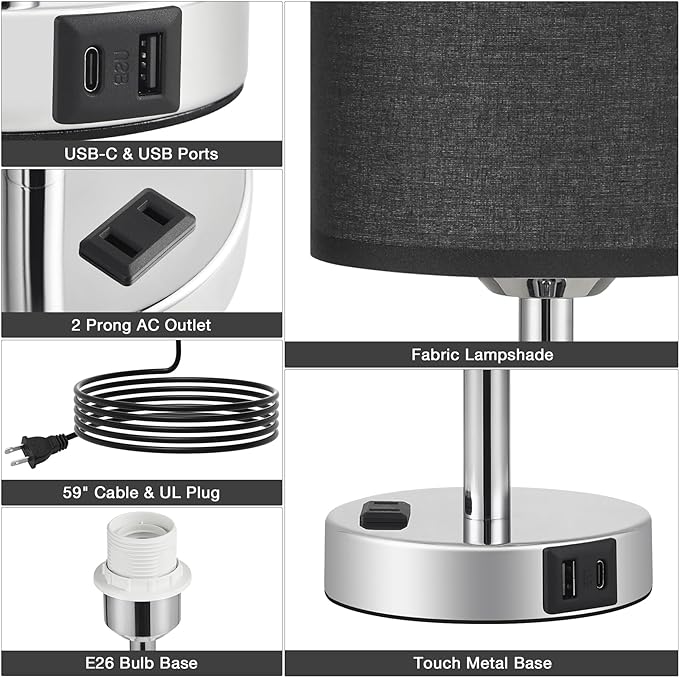 Innqoo Black Touch Bedside Lamps Set of 2-3 Way Dimmable Bedroom Lamps with USB C and A Ports and Outlets, Modern Nightstand Lamp with Silver Base, Small Table Lamps for Boy Nursery - LeafyLoom