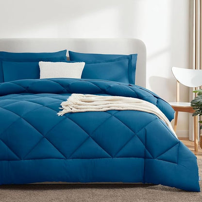 CozyLux Queen Bed in a Bag 7-Pieces Comforter Sets with Comforter and Sheets Teal All Season Bedding Sets with Comforter, Pillow Shams, Flat Sheet, Fitted Sheet and Pillowcases - LeafyLoom