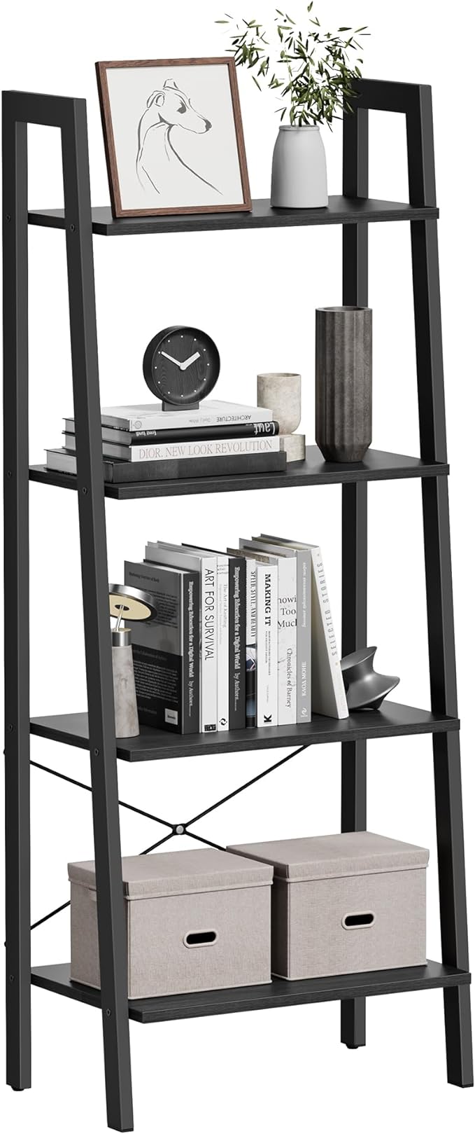 VASAGLE Ladder Shelf, 4-Tier Bookshelf, Storage Rack, Bookcase with Steel Frame, for Living Room, Home Office, Kitchen, Bedroom, Industrial Style, Charcoal Gray and Black ULLS044B04 - LeafyLoom