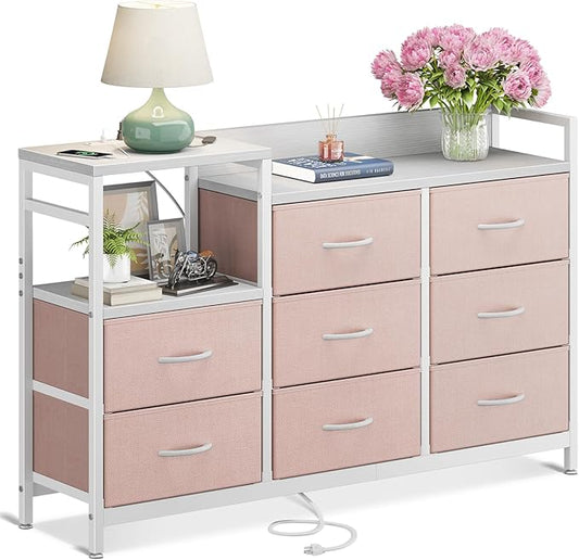 ODK Dresser with Charging Station, 52-Inch Long Dresser TV Stand for Bedroom, Large Dresser with 8 Storage Drawers, Chest of Drawers Easy-Pull Fabric Dressers for Living Room, White and Pink - LeafyLoom