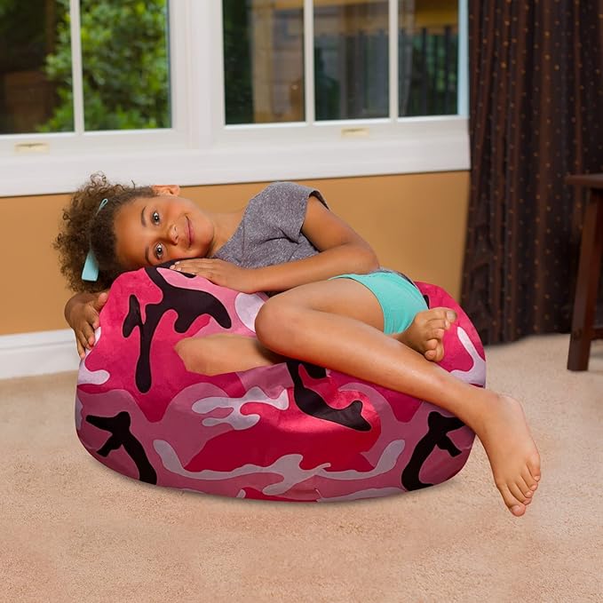 Posh Creations Bean Bag Chair for Kids, Teens, and Adults Includes Removable and Machine Washable Cover, Soft Nylon - Camo Pink and Black, 27in - Medium - LeafyLoom