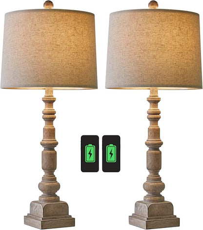 Oneach 27.75" Vintage Farmhouse USB Table Lamps Set of 2 for Living Room Bedroom Traditional Bedside Nightstand Lamp with Dual USB Port Resin Table Lamp with Rotary Switch for Living Room Bedroom - LeafyLoom