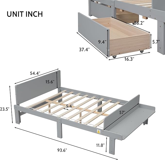 Full Bed with Footboard Bench, Full Kid Bed with Headboard, Wood Slat Support, Cute Kid Bed Frame with Book Storage Space, Full Car Bed for Boys Girls Bedroom, No Box Spring Needed, Grey - LeafyLoom