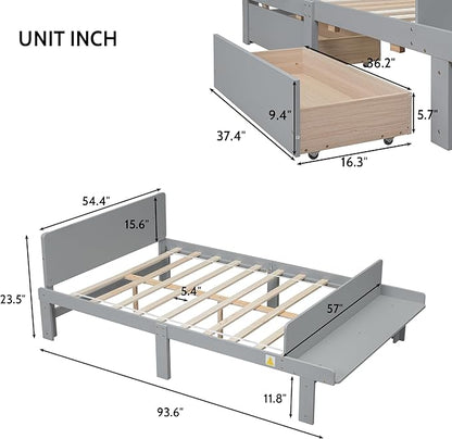 Full Bed with Footboard Bench, Full Kid Bed with Headboard, Wood Slat Support, Cute Kid Bed Frame with Book Storage Space, Full Car Bed for Boys Girls Bedroom, No Box Spring Needed, Grey - LeafyLoom