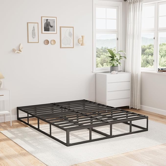 Queen Bed Frame, 9 Inch High Metal Box Spring with More Steel Slats Support, Sturdy Platform Bedframe Low to Floor, 3500 Lbs Weight Capacity Heavy Duty Mattress Base, Easy Assembly, Black - LeafyLoom