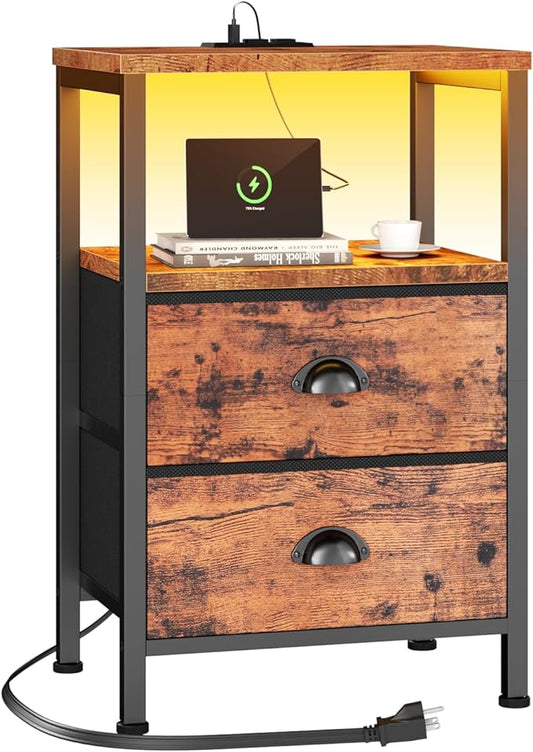 Furologee Nightstand with Charging Station, End Table with LED Lights, Bedside Table with USB Ports & Outlets, Night Stands with 2 Drawers, Side Table for Living Room/Bedroom - LeafyLoom