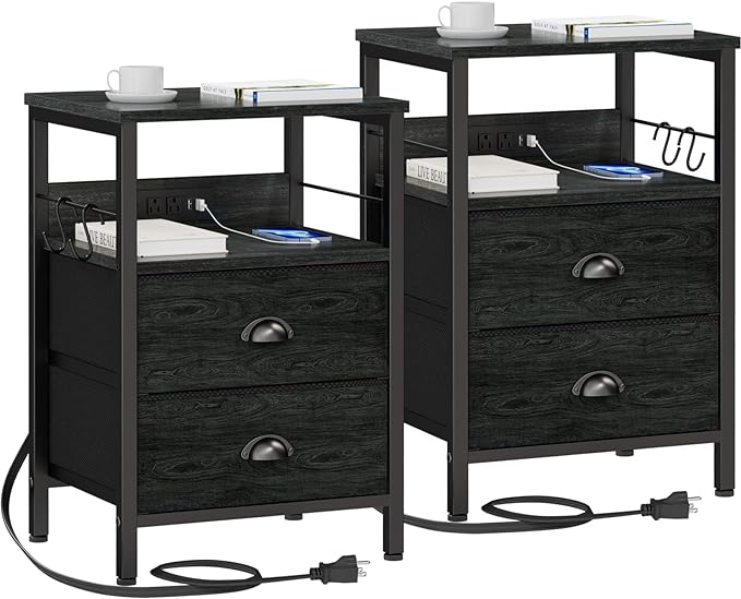 Furologee Nightstand Set of 2, Black Oak, with Charging Station and USB Ports, Side Tables with 2 Fabric Drawers, Bedside Tables with Storage Shelf & Hooks, for Living Room/Bedroom - LeafyLoom