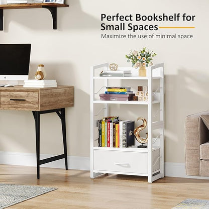 Small Bookshelf with Drawer - 4-Tier Wood Book Shelf Industrial Narrow Bookcase Storage Organizer Metal Stackable Shelves for Desktop Bedroom Living Room Home Office (White) - LeafyLoom