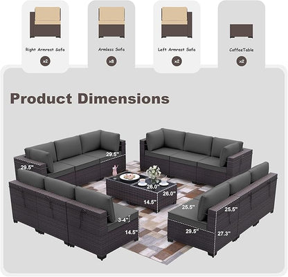 Patio Furniture Set 14-Pieces Outdoor Furniture for Backyard Wicker Sectional Sofa Set, Rattan Patio Conversation Set with Thickened Cushions and Glass Coffee Table, Grey - LeafyLoom