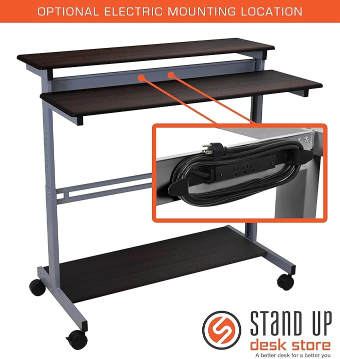 Stand Up Desk Store Rolling Adjustable Height Two Tier Standing Desk Computer Workstation (Silver Frame/Dark Walnut Top, 48" Wide) - LeafyLoom