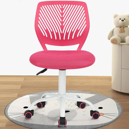 Desk Chair Armless Small Study Chairs Armless for Child Kids Teens, Ergonomic Swivel Rolling Lightweight Task Chair with Wheels and Mesh Padded Cushion, Pink - LeafyLoom