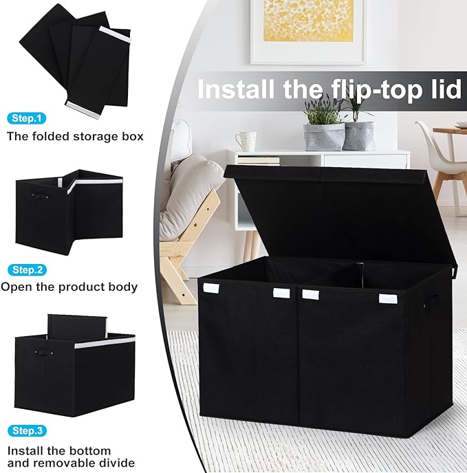 122L Large Toy Box Chest with Lid, Foldable Toy Storage Organizer Bin Boxes with Removable Divider for Kids, Boys, Girls, Nursery, Playroom, 26"x17" x17"(Linen Black) - LeafyLoom