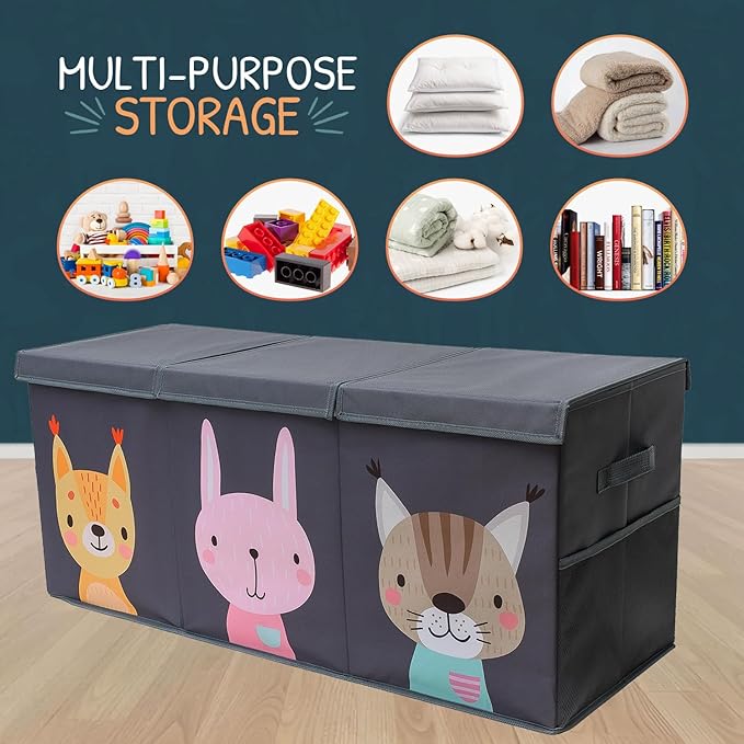 Extra Large Toy Storage Organizer with Lid - Sturdy, Collapsible Toy Chest Storage Box with Cute Design - Toys Bin with Dividers for Kids, Boys, Girls, Nursery, Bedroom, Play room 37"x16"x14" - LeafyLoom