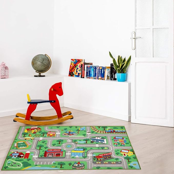 Kids Play Rug for Playroom 5.2x3.3 ft Town City Road Map Car Mat Play Mat Educational Learning Carpet Area Rug for Boy Girl Toddler Bedroom Playroom - LeafyLoom