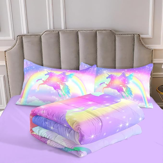 Kids Comforter Bedding Set 3 Pieces Super Soft Breathable Print Kids Bedding Sets for Girls, Machine Washable Durable Comforter Set with Comforter, 2 Pillowcases Rainbow(Twin, Purple Unicorn) - LeafyLoom