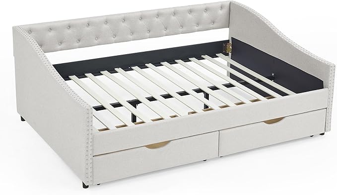 Upholstered Full Size Daybed with Two Storage Trundle Drawers, Solid Wooden Bed Frame w/Button Tufted Backrest, No Box Spring Needed, for Kids, Bedroom, Dorm - LeafyLoom