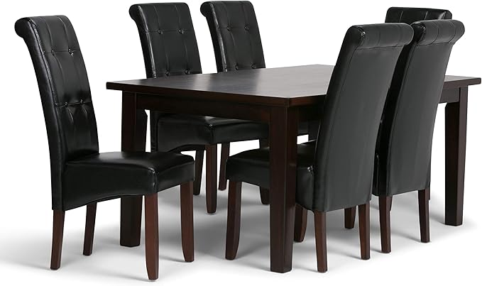 SIMPLIHOME Cosmopolitan Transitional 7 Pc Dining Set with 6 Upholstered Dining Chairs in Midnight Black Vegan Faux Leather and 66 Inch Wide Table, For the Dining Room and Kitchen - LeafyLoom