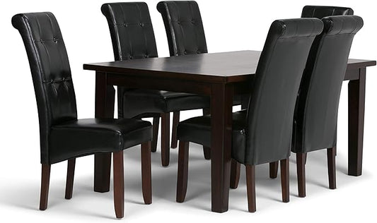 SIMPLIHOME Cosmopolitan Transitional 7 Pc Dining Set with 6 Upholstered Dining Chairs in Midnight Black Vegan Faux Leather and 66 Inch Wide Table, For the Dining Room and Kitchen - LeafyLoom