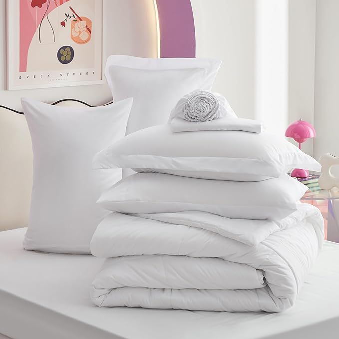 Bedsure White Queen Comforter Set - 7 Pieces Solid Queen Bed in a Bag, Queen Bed Set White with Comforters, Sheets, Pillowcases & Shams - LeafyLoom