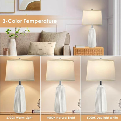 Ceramic Table Lamps Set of 2, 25Inch Modern White Table Lamps for Bedroom Living Room with 3 Color Temperature - 3000K/4000K/6000K, Coastal Lamps for Nightstand Bedside with 2 LED Bulbs, 9W - LeafyLoom