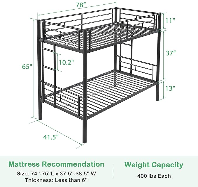 VECELO Metal Bunk Bed Twin Over Twin, Industrial Bunkbeds with Ladder and Full-Length Guardrail, Noise Free, No Boxing Spring Needed, Black - LeafyLoom